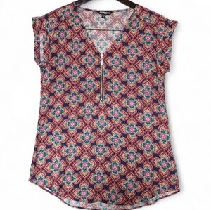 Express Womens Floral Mandala Zip Front V-Neck Blouse Size Small Boho Purple Top